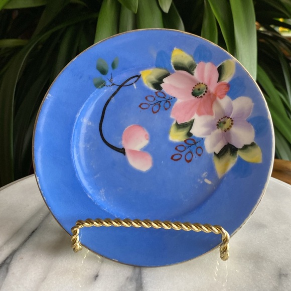 Vintage Hand Painted Bird + Floral Serving Cake Plate and 5 Dessert Plates Set - Picture 7 of 11